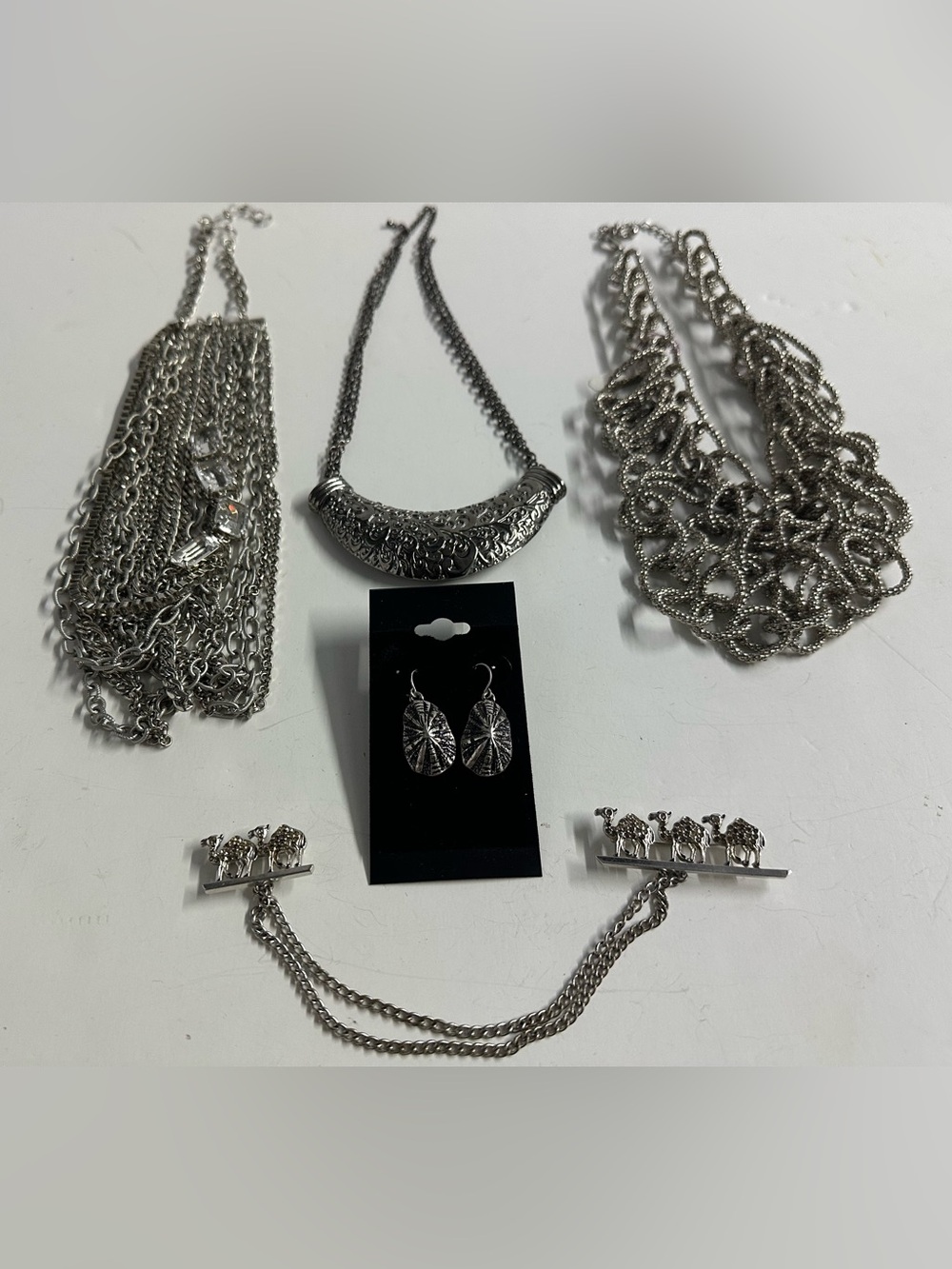 Vintage Silver Metal Necklaces, Earrings & Pin Lot